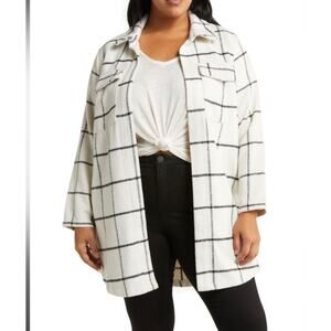 Melloday Shacket Womens Plus 2X Plaid Flannel Jacket Pockets Windopane Cream